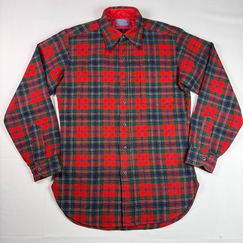 Vintage Pendleton Wool Flannel Shirt Red Green Plaid Men Small Made in USA 70s